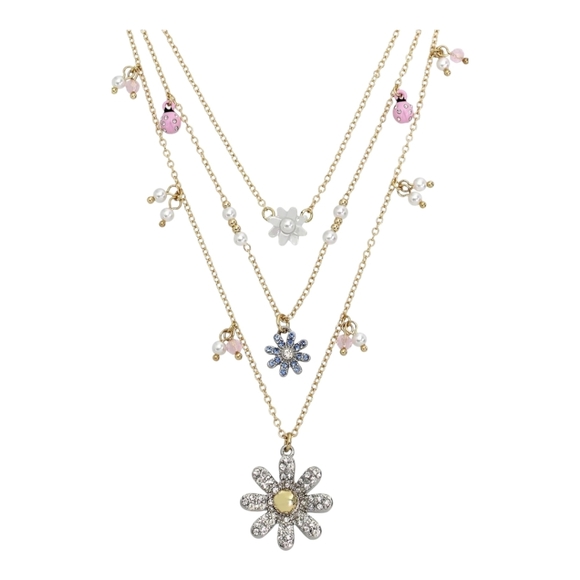 Betsey Johnson Layered Daisy Floral Crystal Pearl Necklace Set NWT - Picture 3 of 8